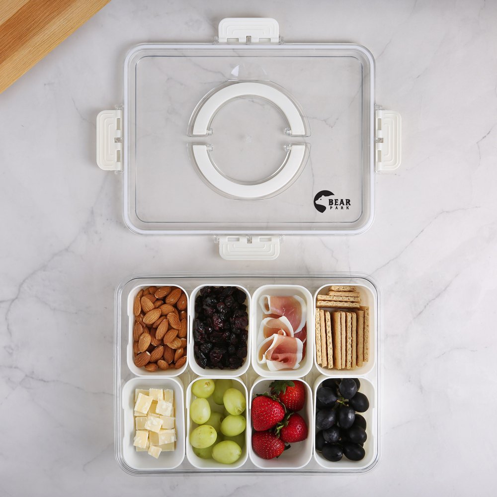 Eight-compartment grazing tray with its clear lid open