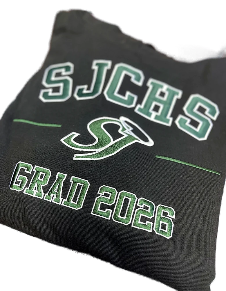 Black SJCHS Grad 2026 hoodie with green and white embroidered applique lettering