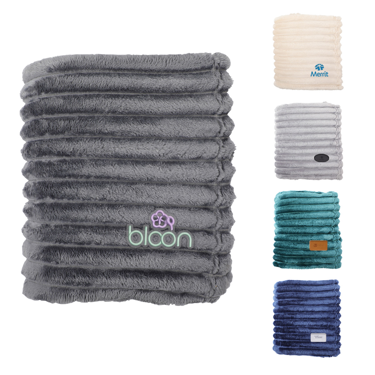 Folded soft striped fleece blanket with a logo patch
