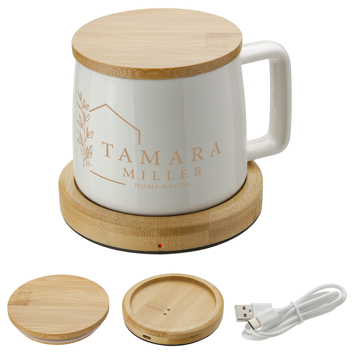 Ceramic mug sitting on a bamboo mug warmer with its lid and USB cable
