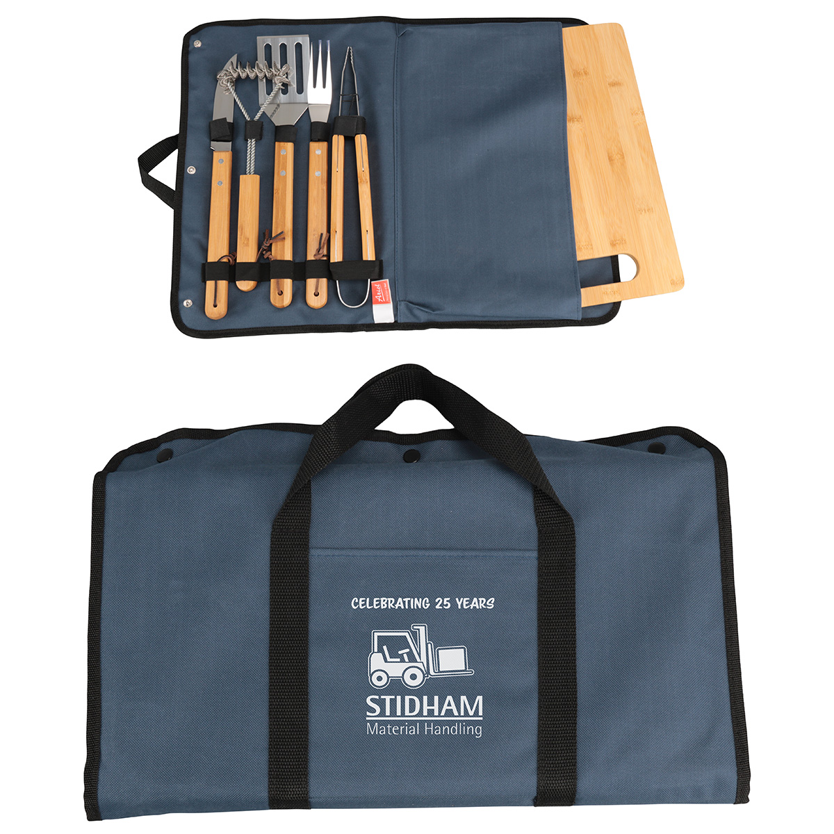 Bamboo-handled BBQ tools with a cutting board and carry case