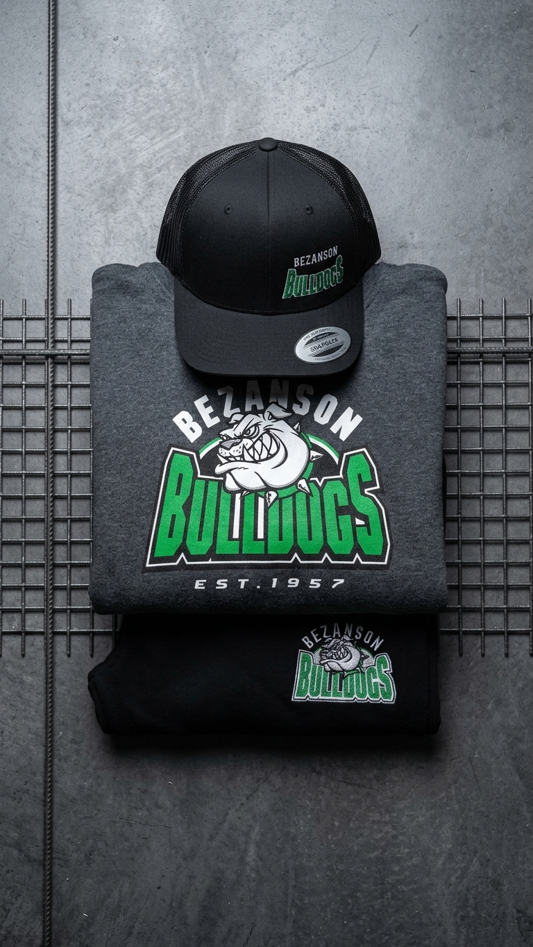 Bezanson Bulldogs online store kit with a trucker hat, crewneck, and embroidered sweatpants