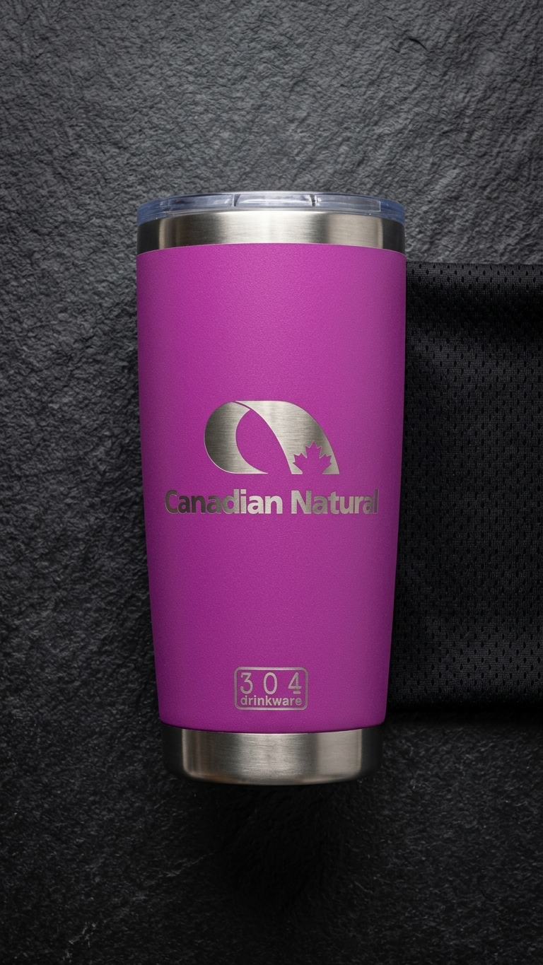 Magenta 304 20oz tumbler laser engraved with the Canadian Natural logo