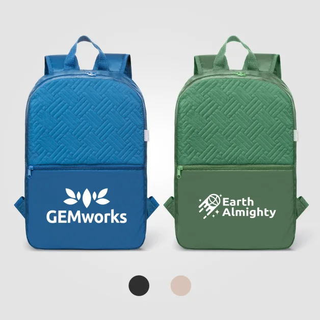 Two quilted backpacks in blue and green with sample logos screen printed on the front pocket