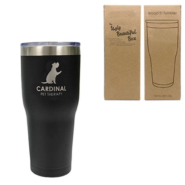 Black matte insulated tumbler with a laser engraved sample logo, shown with its kraft gift box