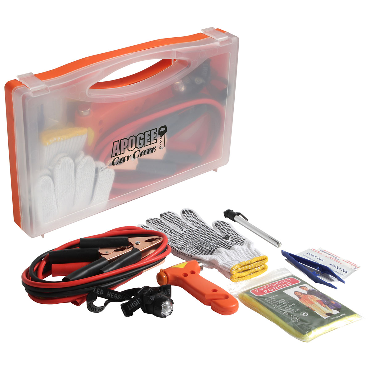 Emergency road kit with jumper cables, light, gloves and first aid in a clear case