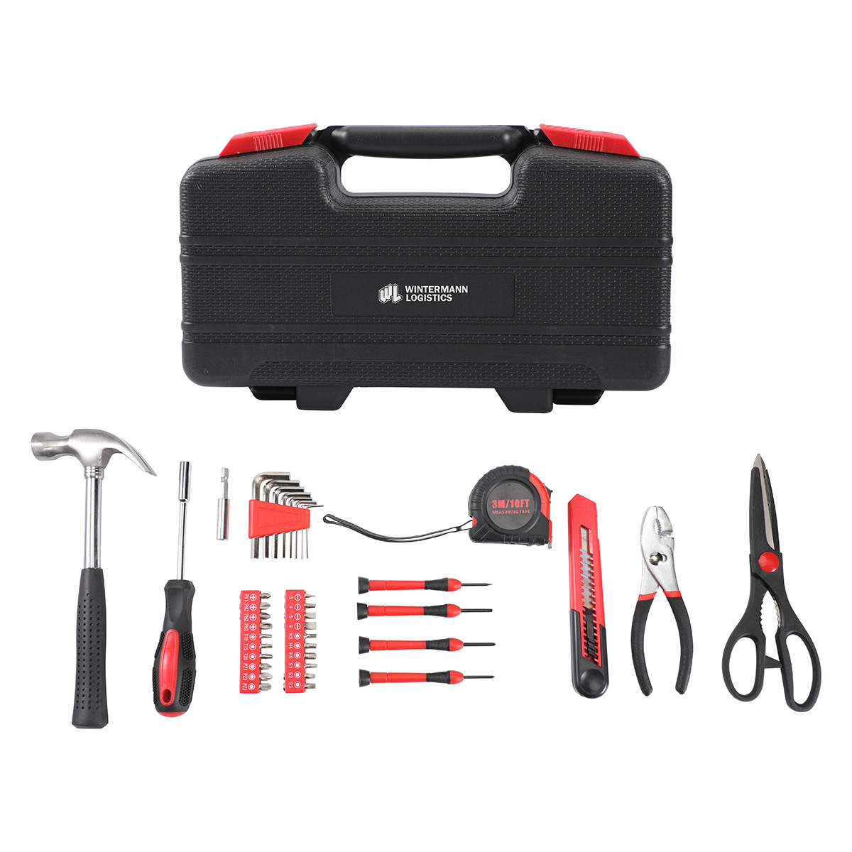 39-piece household tool kit in a black hard case