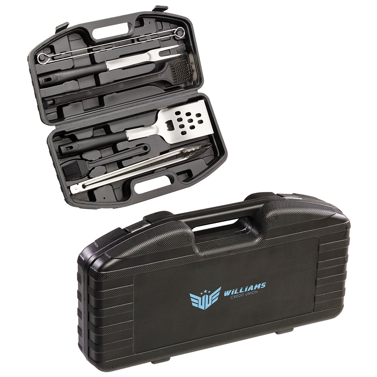 9-piece stainless steel BBQ set in an open hard case