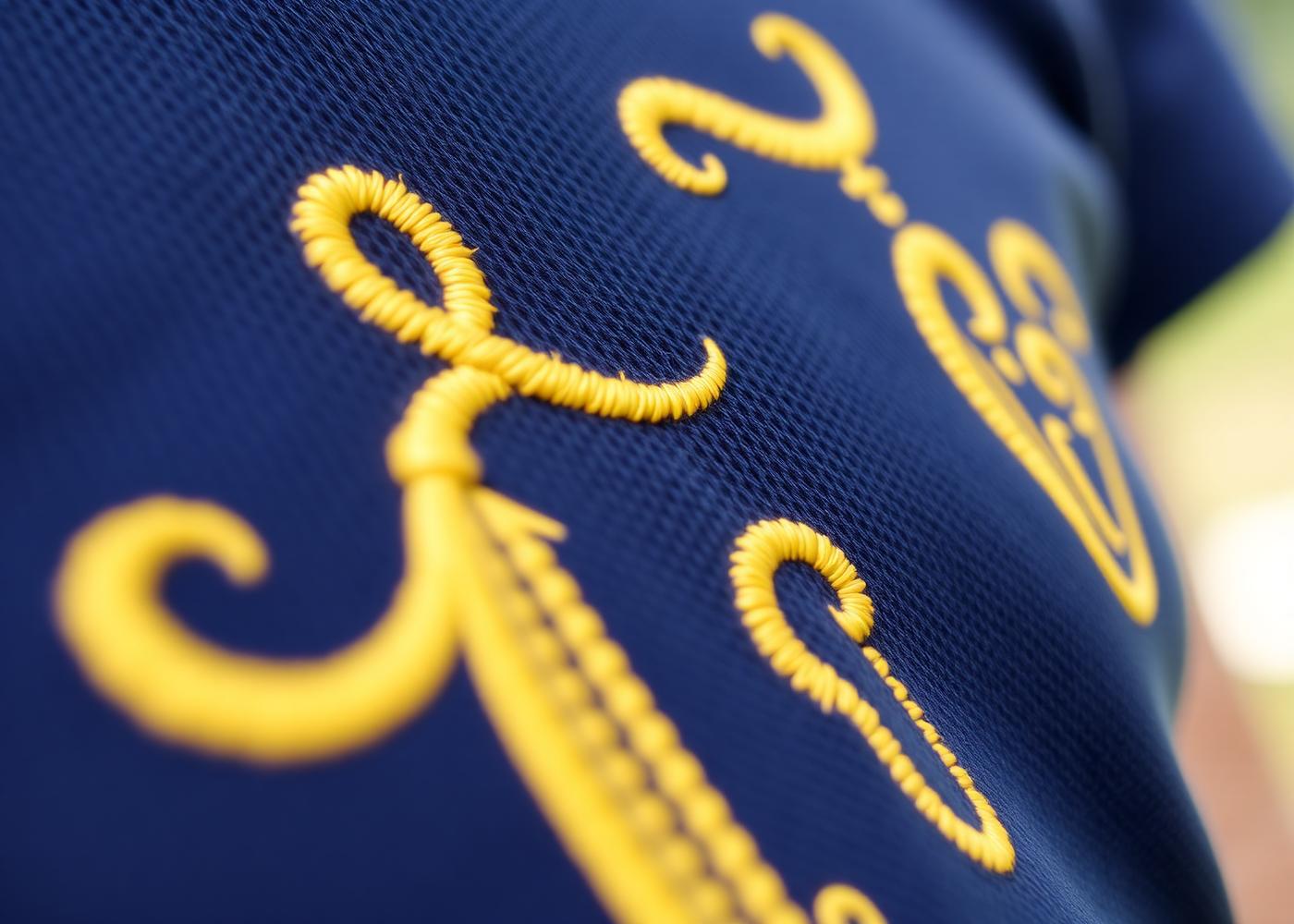 Macro close-up of yellow custom embroidery thread stitched into a navy blue branded polo shirt