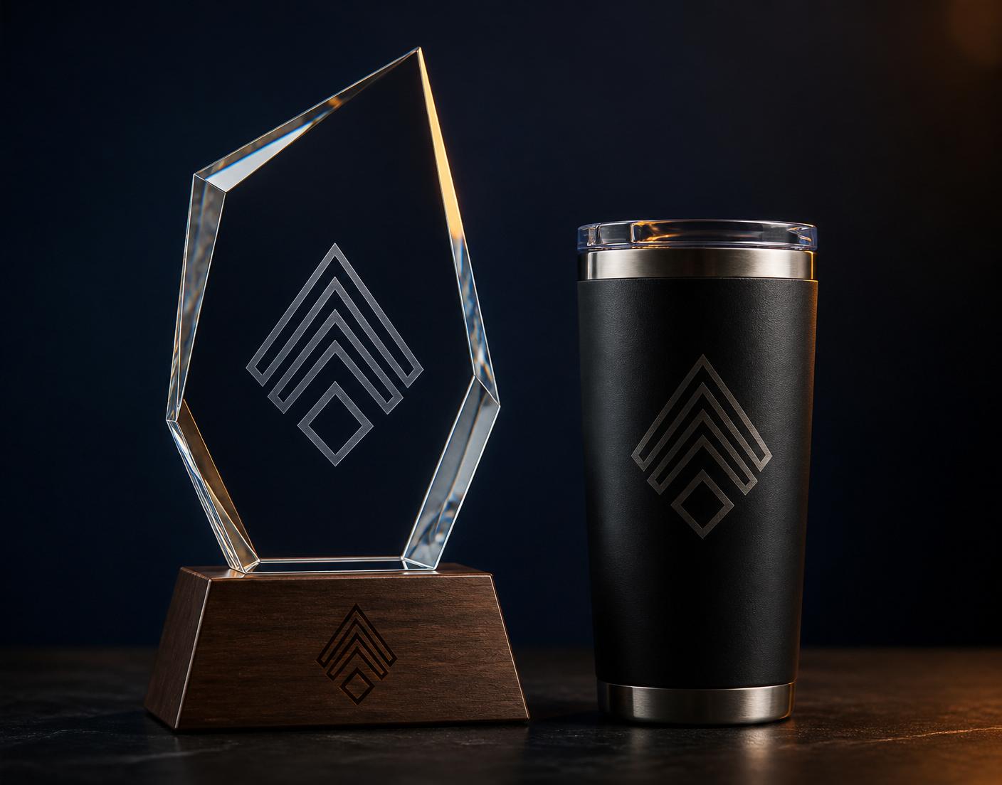 Laser engraved crystal recognition award on walnut base beside an engraved matte black insulated tumbler