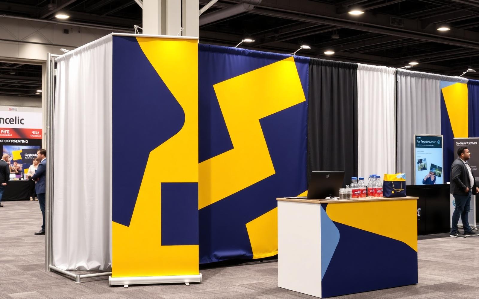 Modern trade show booth with a tall navy blue and yellow retractable banner, branded tote bags and giveaway drinkware on a small counter