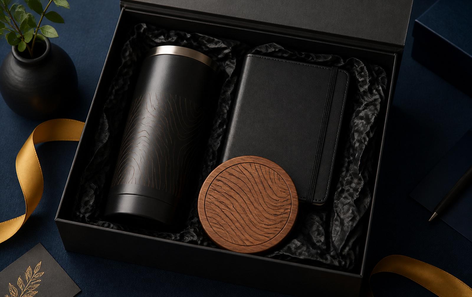 Open corporate client gift box with a laser engraved matte black tumbler, leather notebook and engraved wooden coaster on a navy linen surface