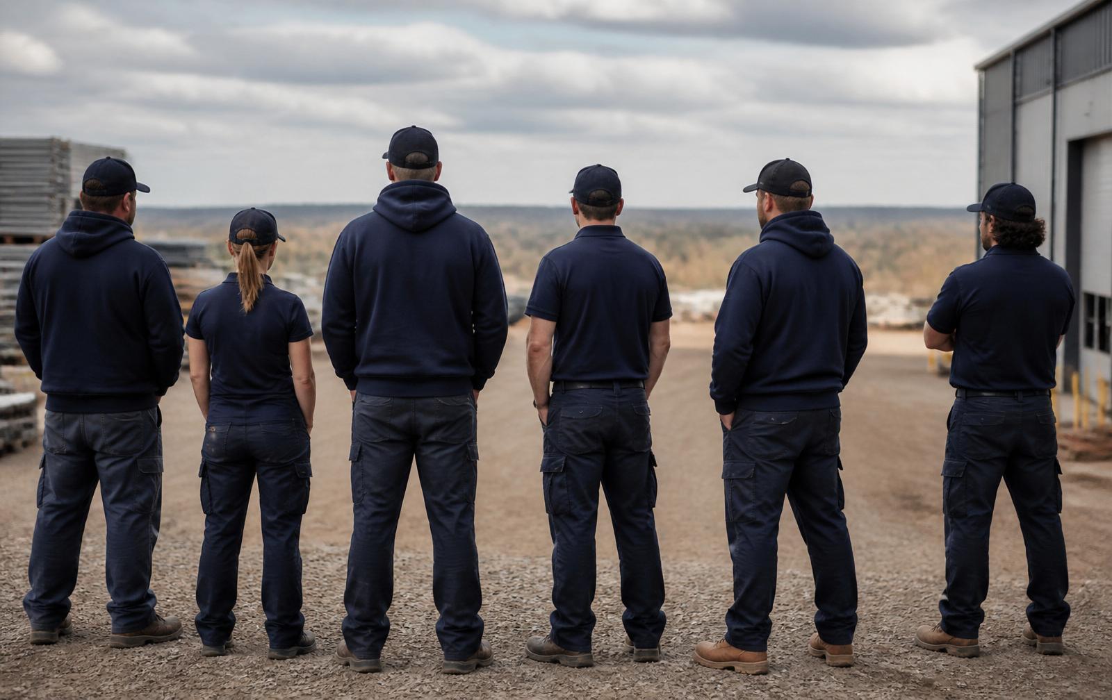 A crew of tradespeople standing together outdoors in matching navy blue branded workwear polos and hoodies